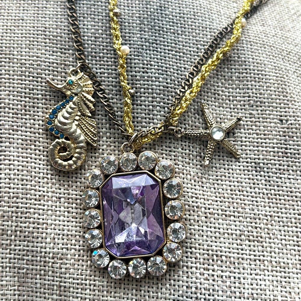 Betsey Johnson Seahorse Starfish Gold and Purple Pendant Ocean Necklace - Picture 3 of 7